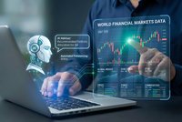 Businessman using laptop with AI robot hologram and financial market data interface for automated trading and investment analysis.