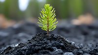 Young green pine seedling emerging from dark fertile soil with shallow depth of field and natural outdoor lighting for environmental and growth concepts.