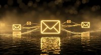 Golden email icons floating above reflective water surface with glowing connections and bokeh lights creating digital communication network concept.