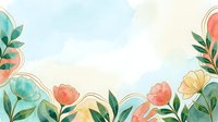 Soft watercolor floral background with pastel pink, coral, and teal blooms, green leaves, and golden outlines on a light airy backdrop with copy space.