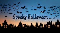 Spooky Halloween night scene with flying bats over silhouetted houses against twilight sky for seasonal decorations and party invitations.