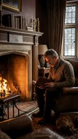 Mature Caucasian man reading book by fireplace in elegant library room with warm lighting and classic interior design for cozy home lifestyle concepts.