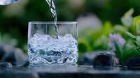 Pouring fresh water into glass with ice cubes on dark stones against green natural background, refreshing drink splash photography for wellness.