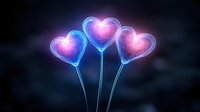 Glowing neon heart-shaped balloons with pink and blue colors emit magical light against dark background, creating romantic Valentine's Day atmosphere.