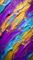 Vibrant purple, gold and turquoise acrylic paint strokes with thick impasto texture creating dynamic abstract expressionist artwork for creative projects.