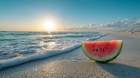 Fresh watermelon slice on sandy beach at sunset with ocean waves and golden sun on horizon, summer vacation concept for healthy lifestyle and refreshment.