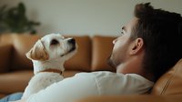 Caucasian man relaxing on brown leather couch with small white dog, sharing tender moment as they gaze at each other in cozy home setting. Pet companionship concept.