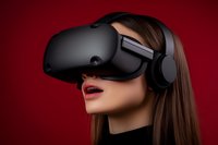Young woman wearing VR headset experiencing virtual reality technology on red background for gaming and digital entertainment applications.