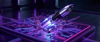 Rocket launching from smartphone circuit board with neon purple and blue glow, representing startup growth, technology innovation, and digital business acceleration.