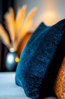Luxurious deep blue velvet cushion on sofa with warm ambient lighting and decorative dried pampas grass arrangement in background creating cozy home atmosphere.