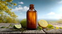 Amber glass essential oil bottle with fresh lime and lemon slices on rustic wooden surface against blue sky background.
