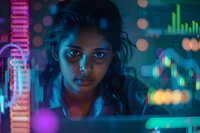 Young South Asian female programmer working late at night with data visualization screens, illuminated by colorful neon lights in cybersecurity operations center.