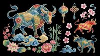 Ornate bull, ox, and dog figures with decorative Asian-inspired patterns, surrounded by lotus flowers, cherry blossoms, lanterns, and flowing water elements. Isolated on transparent background, ready for t-shirts, stickers, clipart, sublimation, and print-on-demand designs.