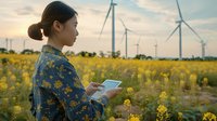 Young Asian woman in floral dress using tablet in yellow rapeseed field with wind turbines at sunset, representing sustainable technology and renewable energy future.