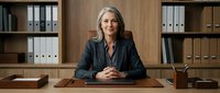 Professional mature businesswoman with gray hair sitting at office desk with organized shelves and folders in corporate workspace environment.