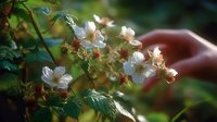 Delicate white wild rose blossoms with fluffy seed heads against blurred green foliage background, soft dreamy garden atmosphere in natural sunlight.