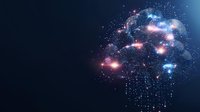Glowing digital brain shape with neural network connections and light particles against dark background, representing artificial intelligence and machine learning.