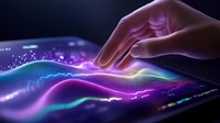 Glowing neon waves on digital touchscreen with hand interaction, featuring vibrant purple and blue light effects against dark background for technology concept.