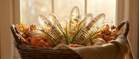 Wicker basket filled with colorful corn cobs and autumn leaves by sunny window. Harvest season decoration for Thanksgiving and fall celebrations.