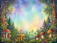 Enchanted forest scene with ornate tree frames, magical mushrooms, and glowing sky backdrop for fantasy artwork and children's book illustrations.