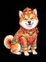 Shiba Inu dog wearing traditional red and gold Chinese festival clothing with matching hat, isolated on transparent background. Ready for t-shirts, stickers, clipart, print-on-demand, and sublimation designs.