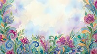 Watercolor floral border with ornamental swirls and blooms in pink, blue, and green tones on white background, suitable for invitations and design projects.