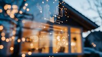 Digital technology interface overlay on blurred modern house exterior with warm evening lights and bokeh effects creating futuristic smart home concept.