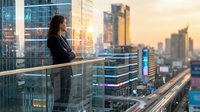Professional businesswoman standing on modern office balcony overlooking urban cityscape at sunset with skyscrapers and traffic trails below.