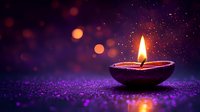 Traditional oil lamp with burning flame against purple bokeh background, creating spiritual atmosphere for meditation or religious ceremonies.