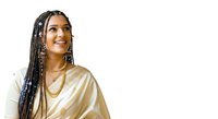 Young woman with braided hair and beaded accessories wearing gold draped garment, isolated on white background for design, fashion, and portrait use.