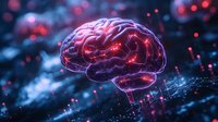 Glowing red brain model with neural connections on dark background with bokeh lights, representing artificial intelligence and cognitive science concepts.