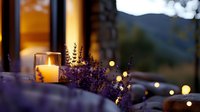 Glowing candle and fresh lavender sprigs create cozy evening atmosphere with mountain landscape and bokeh lights in background, romantic outdoor setting.