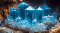 Blue aquamarine crystal cluster formation with hexagonal prismatic gems on natural rock matrix displaying translucent mineral specimens for geology collection.