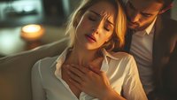 Intimate moment between young couple in warm candlelight, woman in white shirt with eyes closed as man gently touches her shoulder, creating romantic atmosphere.