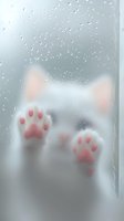 Cat paws pressed against foggy glass with water droplets, creating a tender moment on a rainy day.