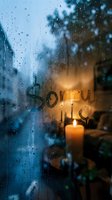 Sorry written on a foggy rainy window with a glowing candle inside, evoking emotion, regret, and moody atmosphere for cards or social media.