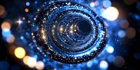 Glowing spiral of blue light particles and golden bokeh effects against dark background creates magical cosmic atmosphere for festive designs.