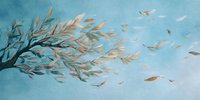 Autumn tree branch with golden leaves blowing in the wind against turquoise blue sky background, creating serene seasonal atmosphere.