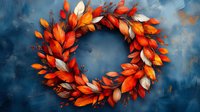 Vibrant autumn wreath with orange and white leaves against moody blue background, seasonal home decor arrangement for fall celebrations and harvest festivals.