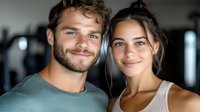 Young athletic couple smiling at camera in fitness center. Close up portrait of fit man and woman after workout showing healthy lifestyle and wellness.
