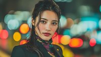 Young Asian woman with wet hair in urban night setting with colorful bokeh lights background for lifestyle and fashion concepts.