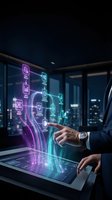 Businessman using futuristic holographic interface with digital icons and data visualization in modern office at night for technology presentations.