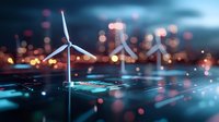 Wind turbines on digital surface with glowing circuit patterns and city lights in background, representing renewable energy technology and smart grid solutions.