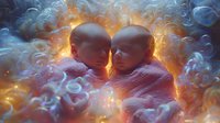 Newborn twins wrapped in pink blankets surrounded by dreamy smoke effects and golden light, creating magical atmosphere for nursery art and baby photography.