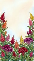 Watercolor celosia flowers in vibrant red, pink, yellow, and purple blooms with green leaves on soft sky background with copy space.