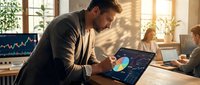 Male professional, South Asian appearance, wearing casual brown shirt, analyzing colorful pie chart on digital tablet in modern office environment with colleagues working in background and sunlight streaming through windows.