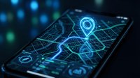 Smartphone displaying glowing GPS navigation map with location pin marker for mobile technology and digital mapping applications.