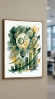 Watercolor lightbulb with upward arrows symbolizing innovation and growth in green and gold tones for business and startup concepts.