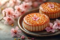 Traditional mooncakes with ornate patterns served on ceramic plate with fresh pink cherry blossoms, creating atmospheric Asian festive composition.