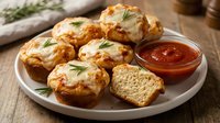 Freshly baked cheese-topped muffins with herbs served on white plate alongside marinara dipping sauce on rustic wooden table for breakfast or snack.